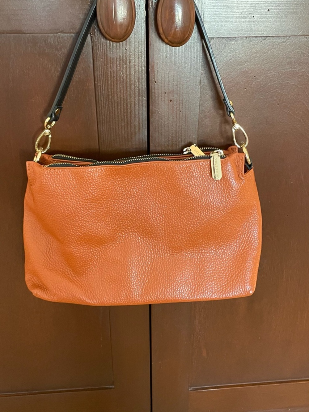Valentina Orange Leather Shoulder Bag with Black Strap